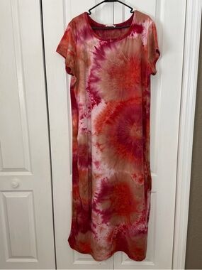 Forever Rose Tie Dye Maxi Dress Red Pink Boho Plus Size 3X buttery soft